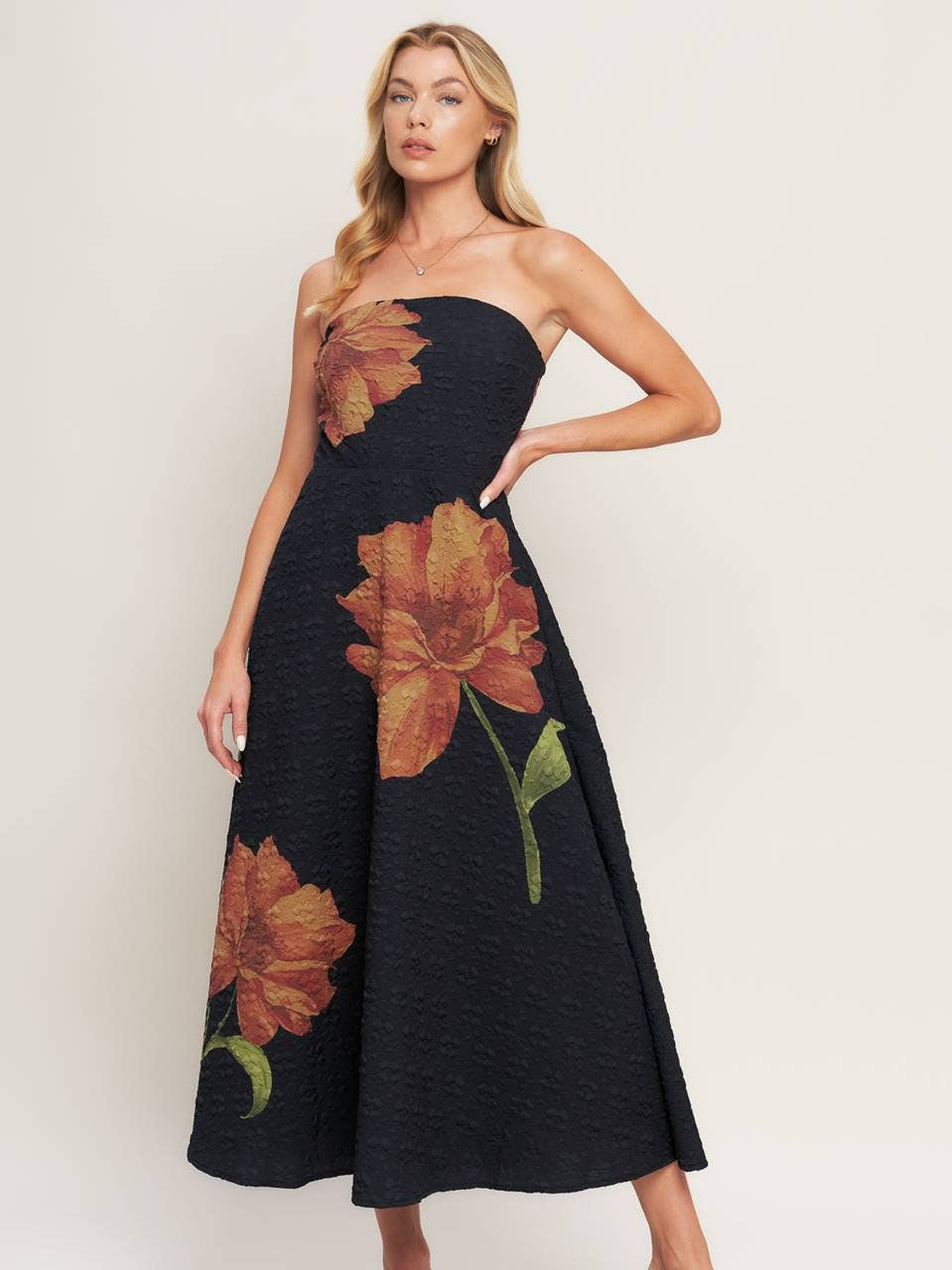 Black Printed Textured Flower Woven Midi Dress