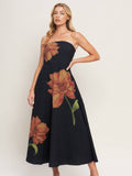 Black Printed Textured Flower Woven Midi Dress