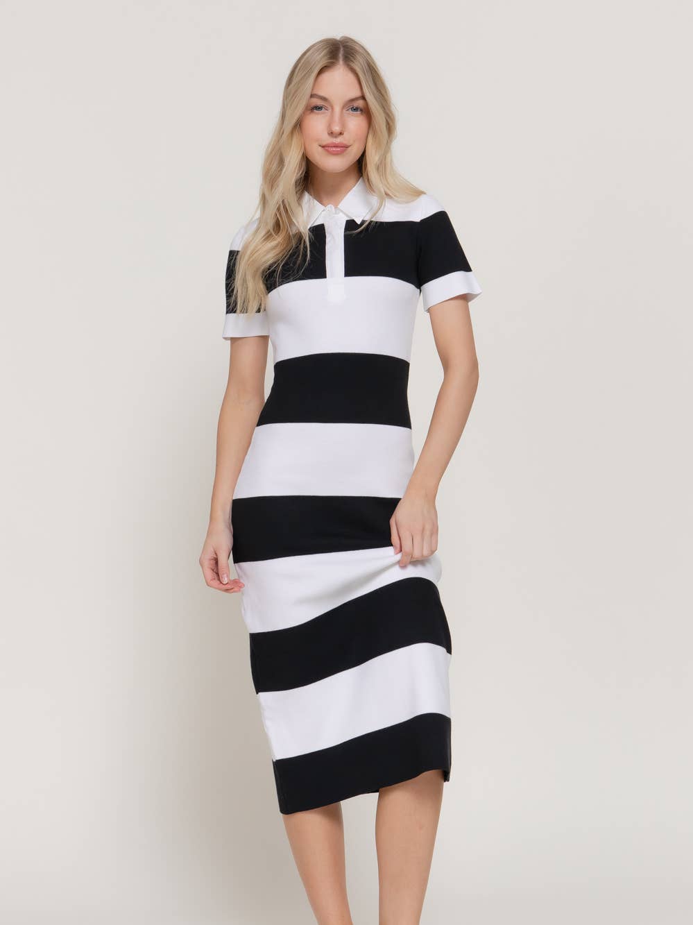 White and Black Stripe Short Sleeve Wide Stripe Knit Polo Dress