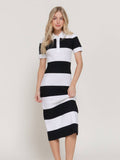 White and Black Stripe Short Sleeve Wide Stripe Knit Polo Dress