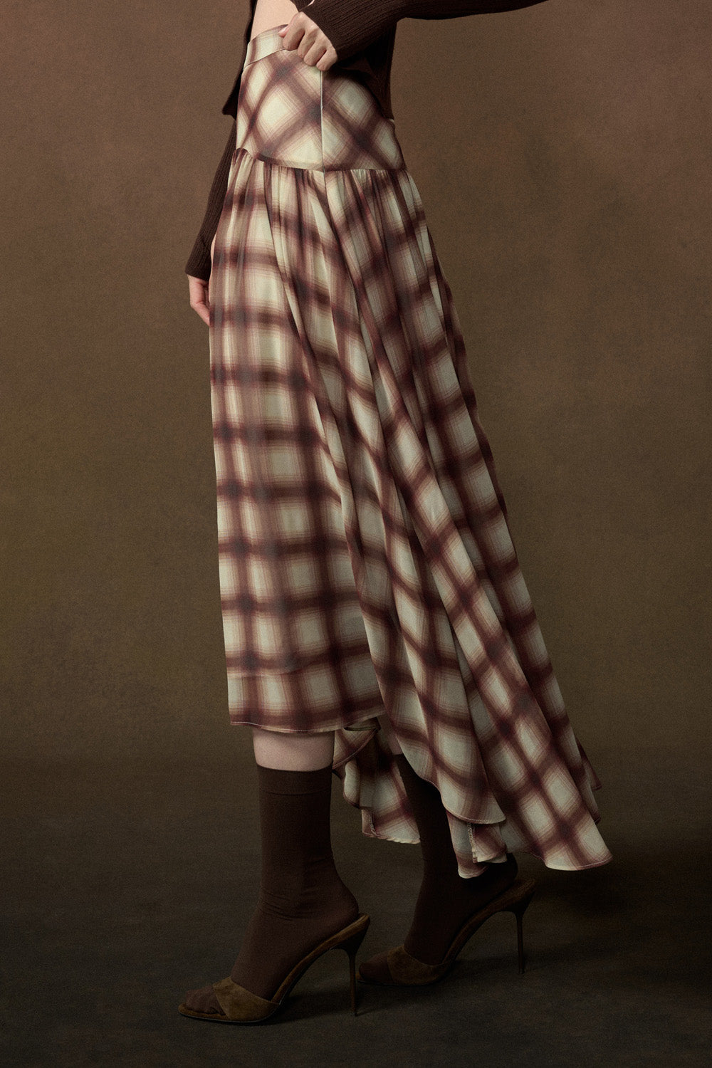 Plaid-Print Chiffon Layered Drop-Waist Maxi Skirt