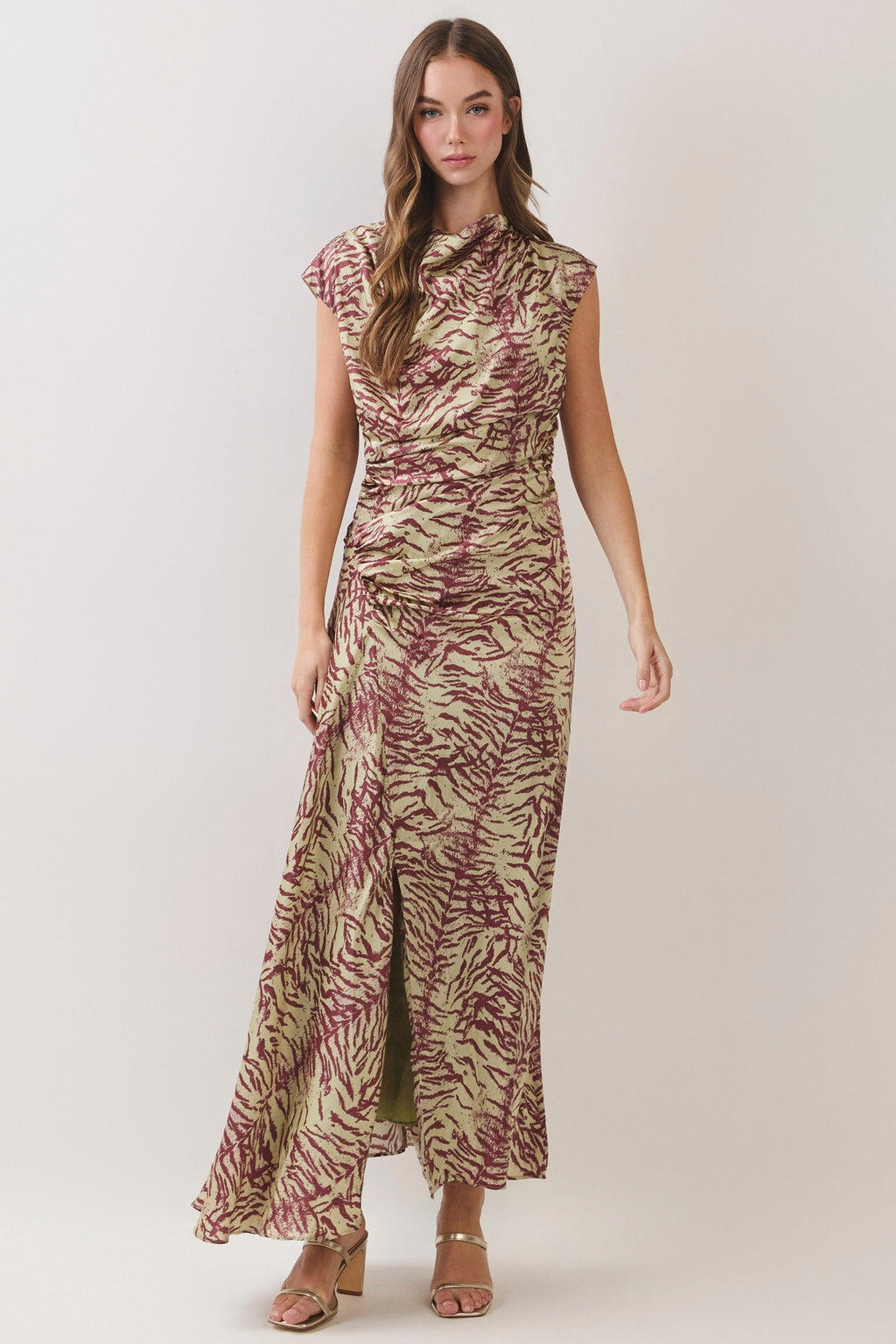 Green and Brown Zebra Printed Front Slit Draped Maxi Dress