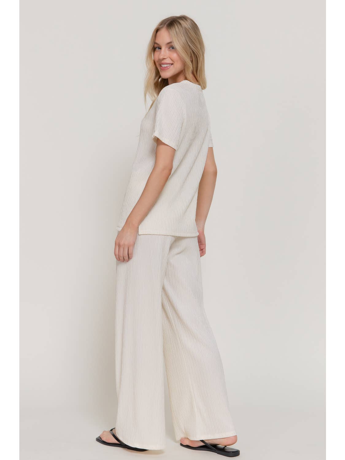 Ivory Short Sleeve Top & Wide Knit Pants Set