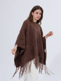 Hollow Out Knitted Fringe Poncho Shawl - Choc Brown