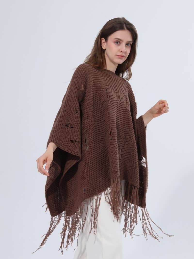Hollow Out Knitted Fringe Poncho Shawl - Choc Brown