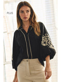 Curvy Bubble Sleeve Relaxed Blouse Black and White