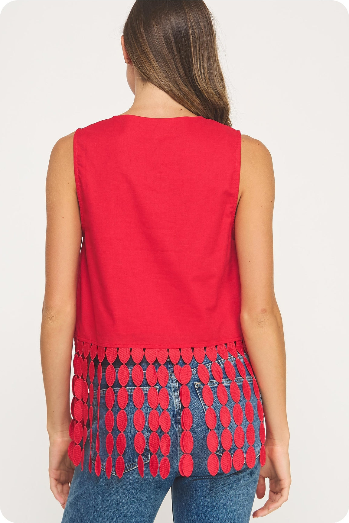 Red Dotted Lace Fringe Linen Top