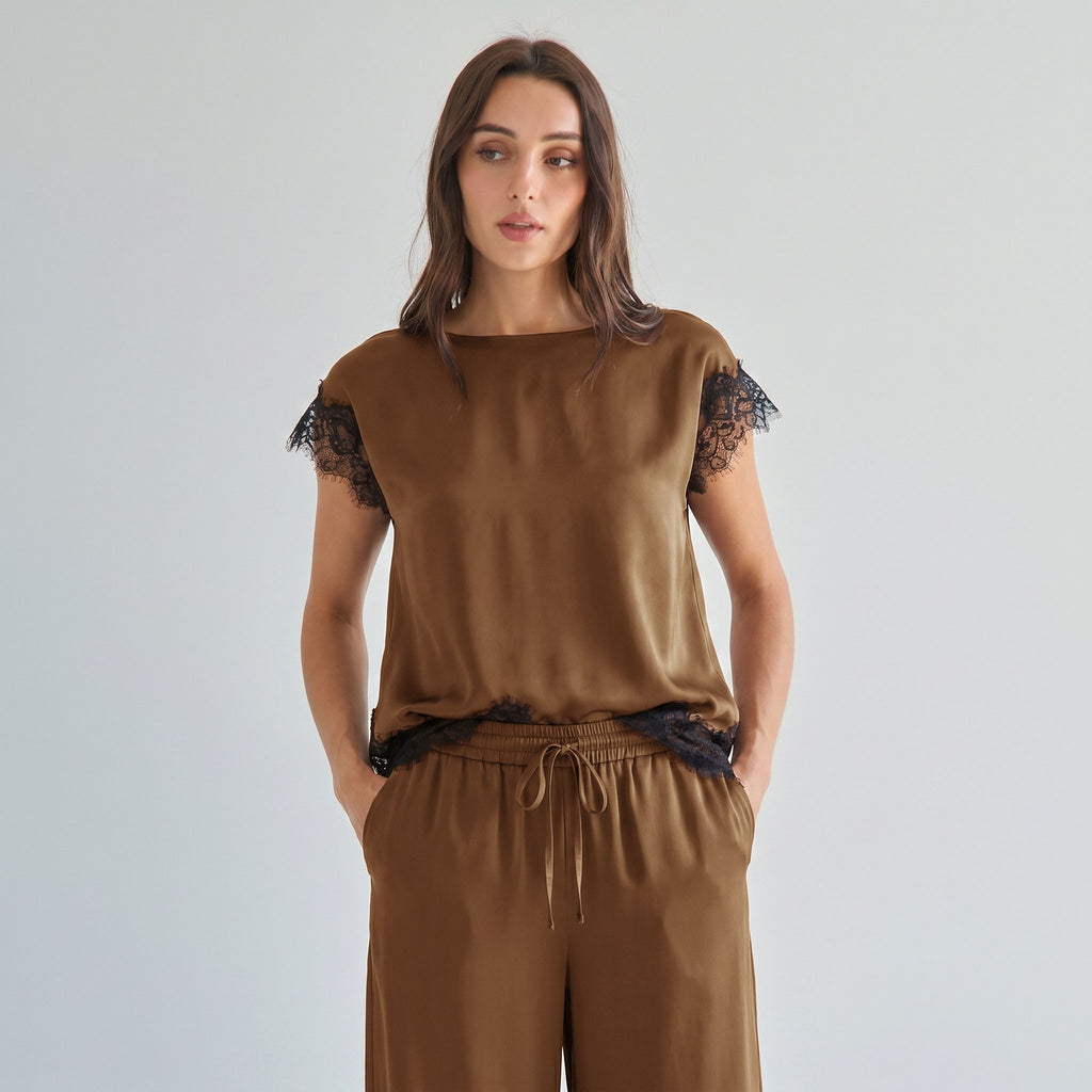 Mocha Satin Lace Top & Pants Set