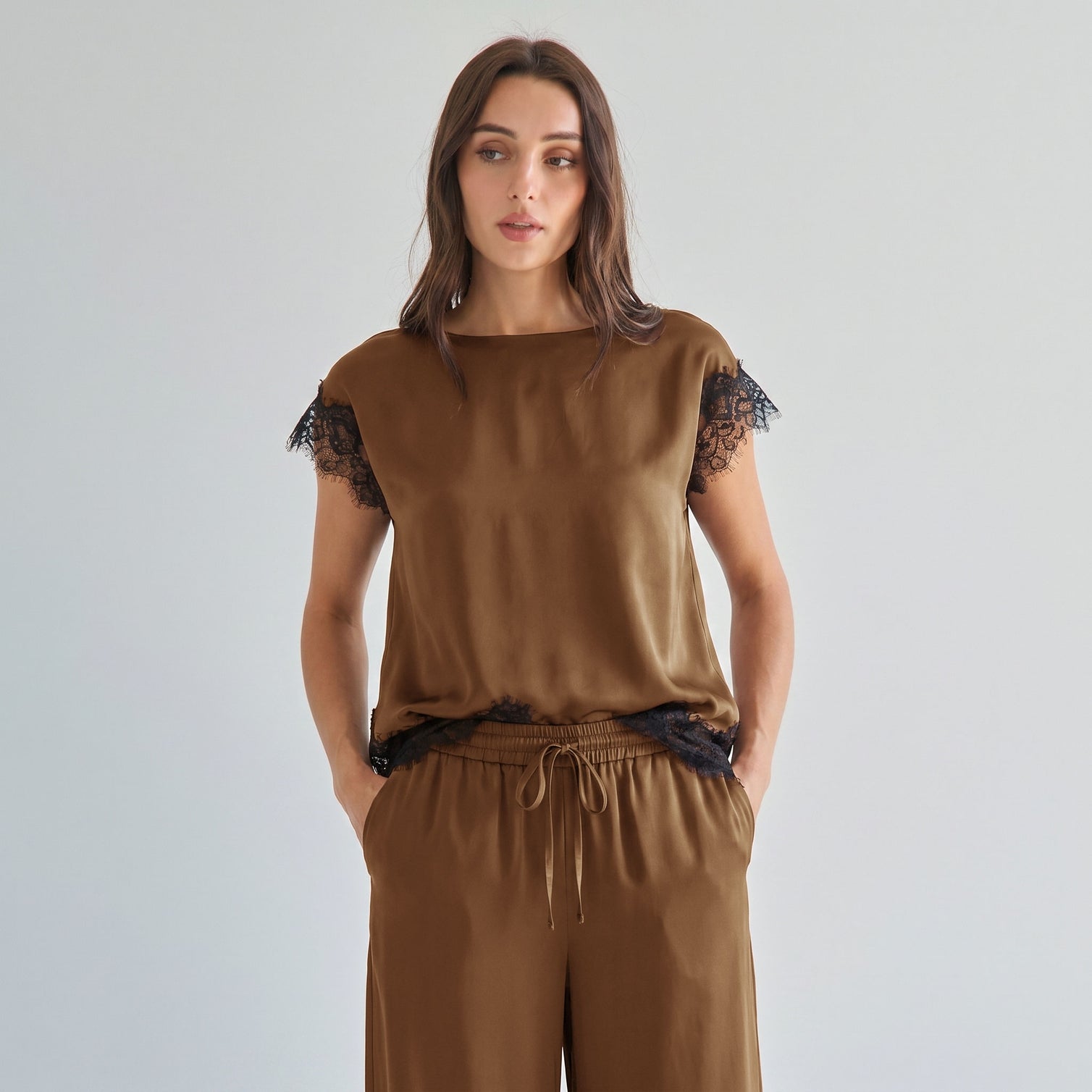 Mocha Satin Lace Top & Pants Set