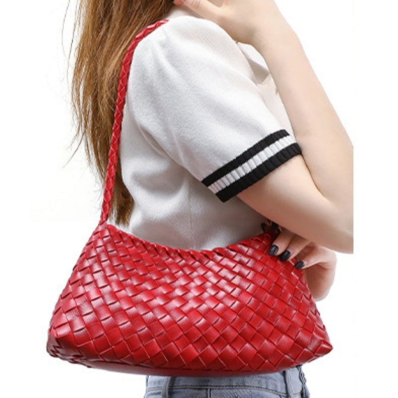 Red Artisanal Weave Leather Shoulder Handbag in Pu Leather
