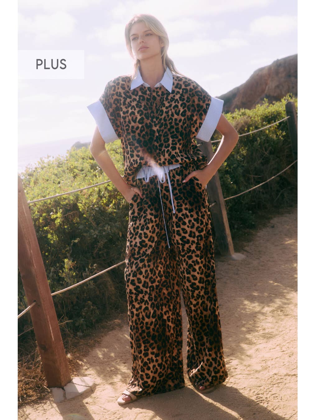 Curvy Leopard Printed Shirt Wide Leg Pants Set