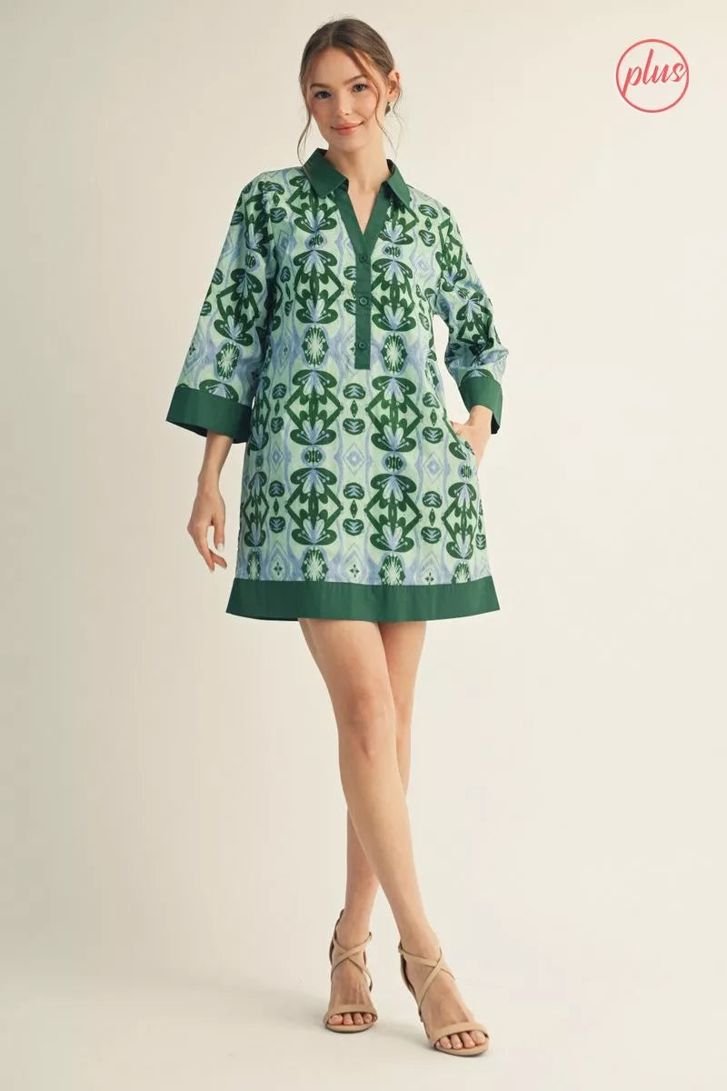 Green 3/4 sleeves boho floral dress with side pockets