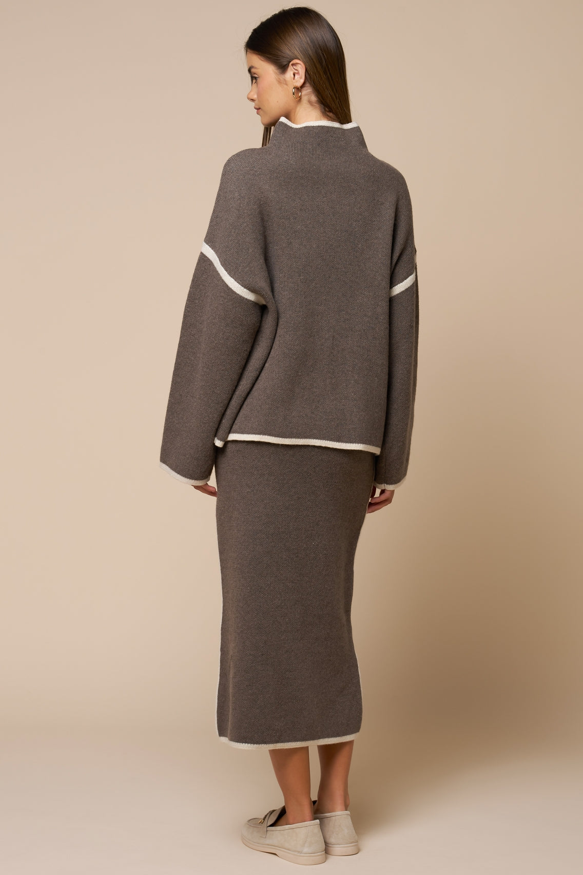 Taupe Grey Mock Neck Knit Sweater & Midi Skirt Set