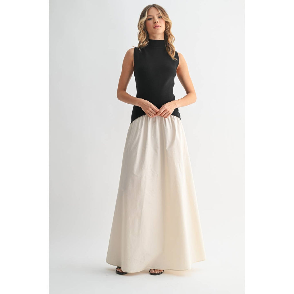 Black and Tan Mixed Media Mock Neck Maxi Dress