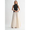 Black and Tan Mixed Media Mock Neck Maxi Dress