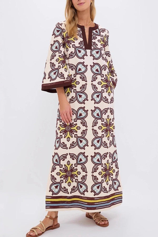 Resort Ready Printed Long Sleeve V-neck Maxi Dress