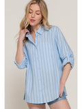 Blue Long Sleeve Button Down Stripe Linen Oversized Shirt
