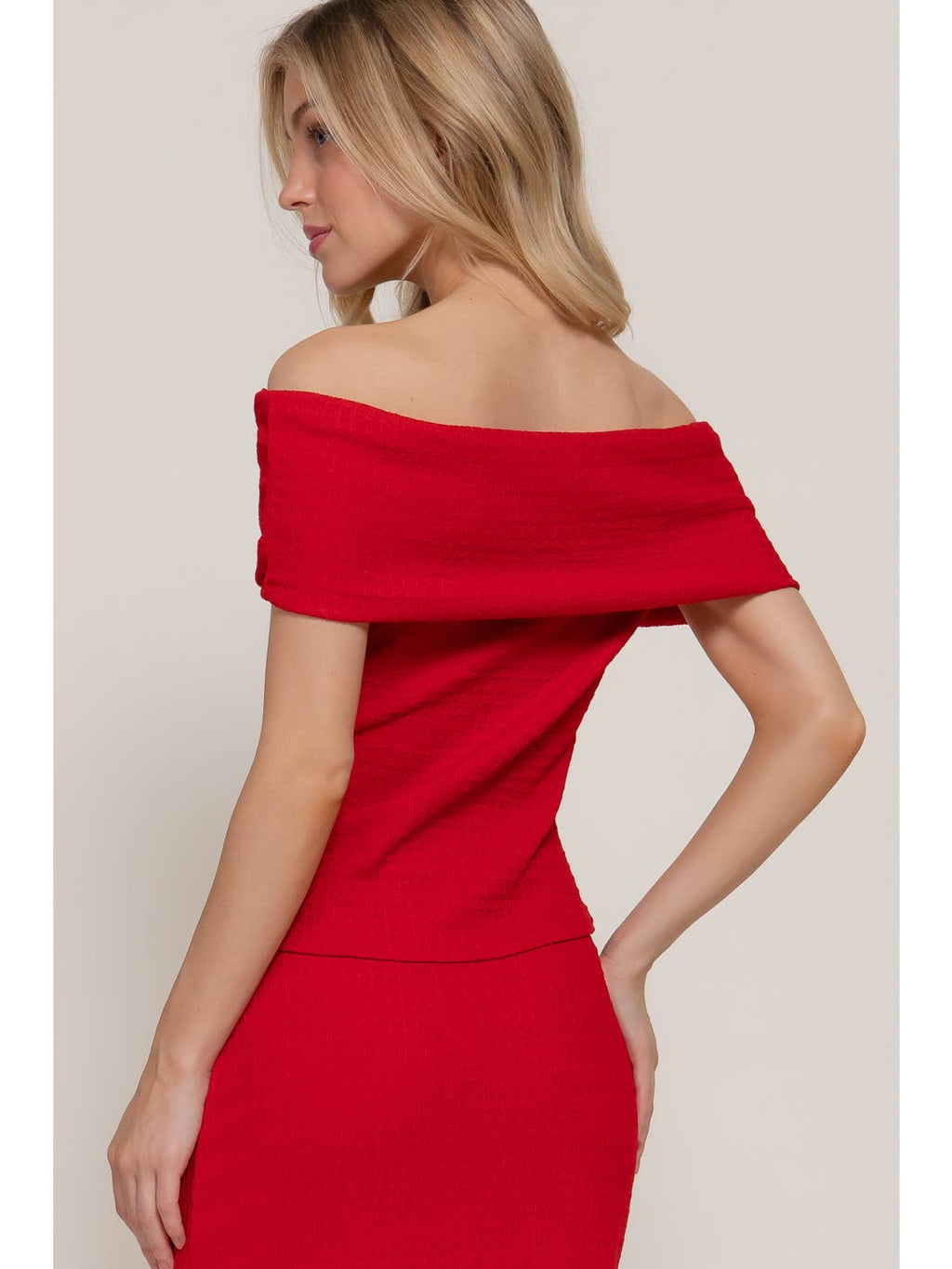 Red Off the Shoulder Texture Knit Top