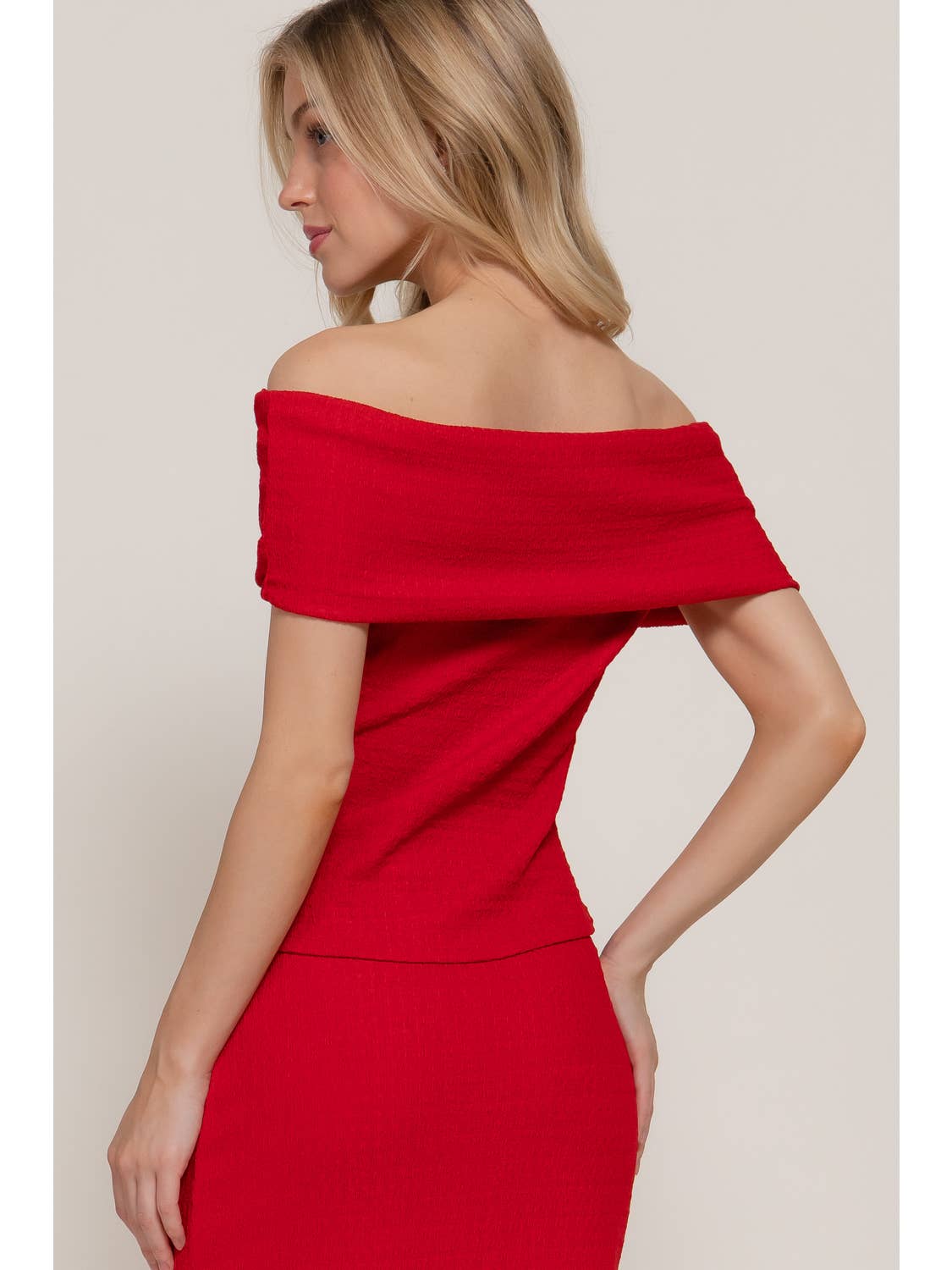 Red Off the Shoulder Texture Knit Top