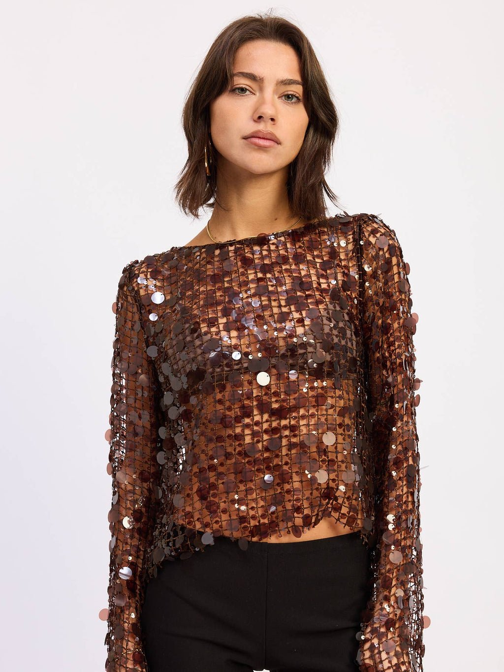 Brown Long Sleeve Sequin Mesh Top