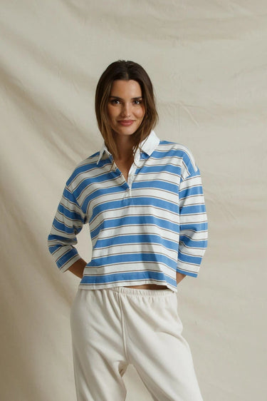 Daria cotton collared rugby 3/4 sleeve shirt Pacific Blue