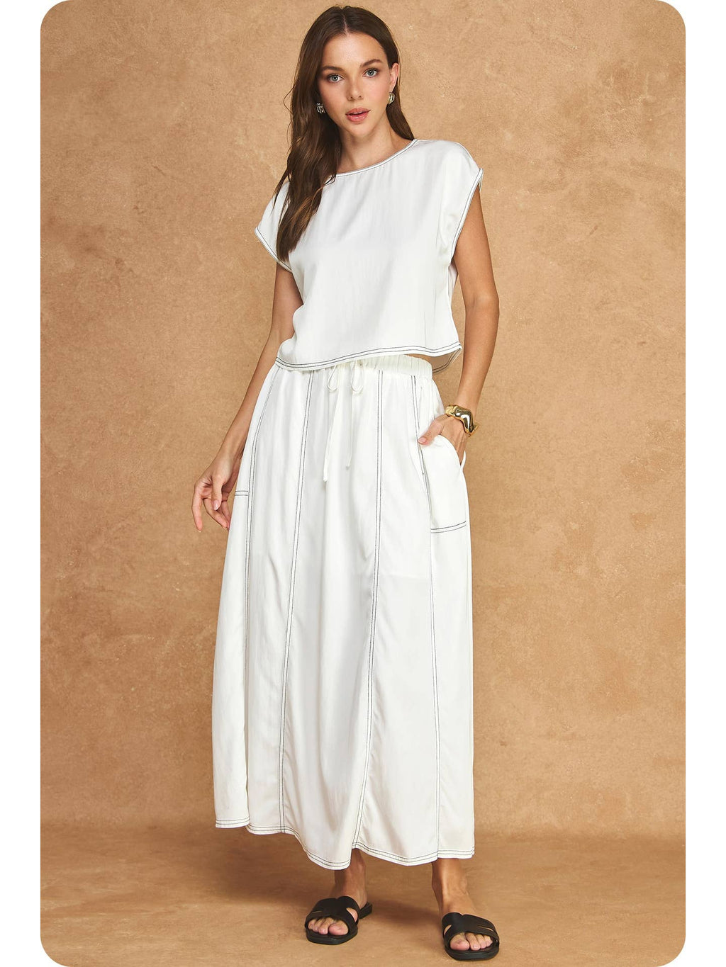 White Top Stitch Cap Sleeve Top & Midi Skirt 2-Piece Set