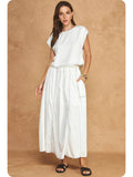 White Top Stitch Cap Sleeve Top & Midi Skirt 2-Piece Set