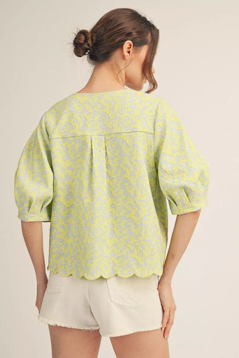 Lemon Half puff sleeves floral jacquard v neck top
