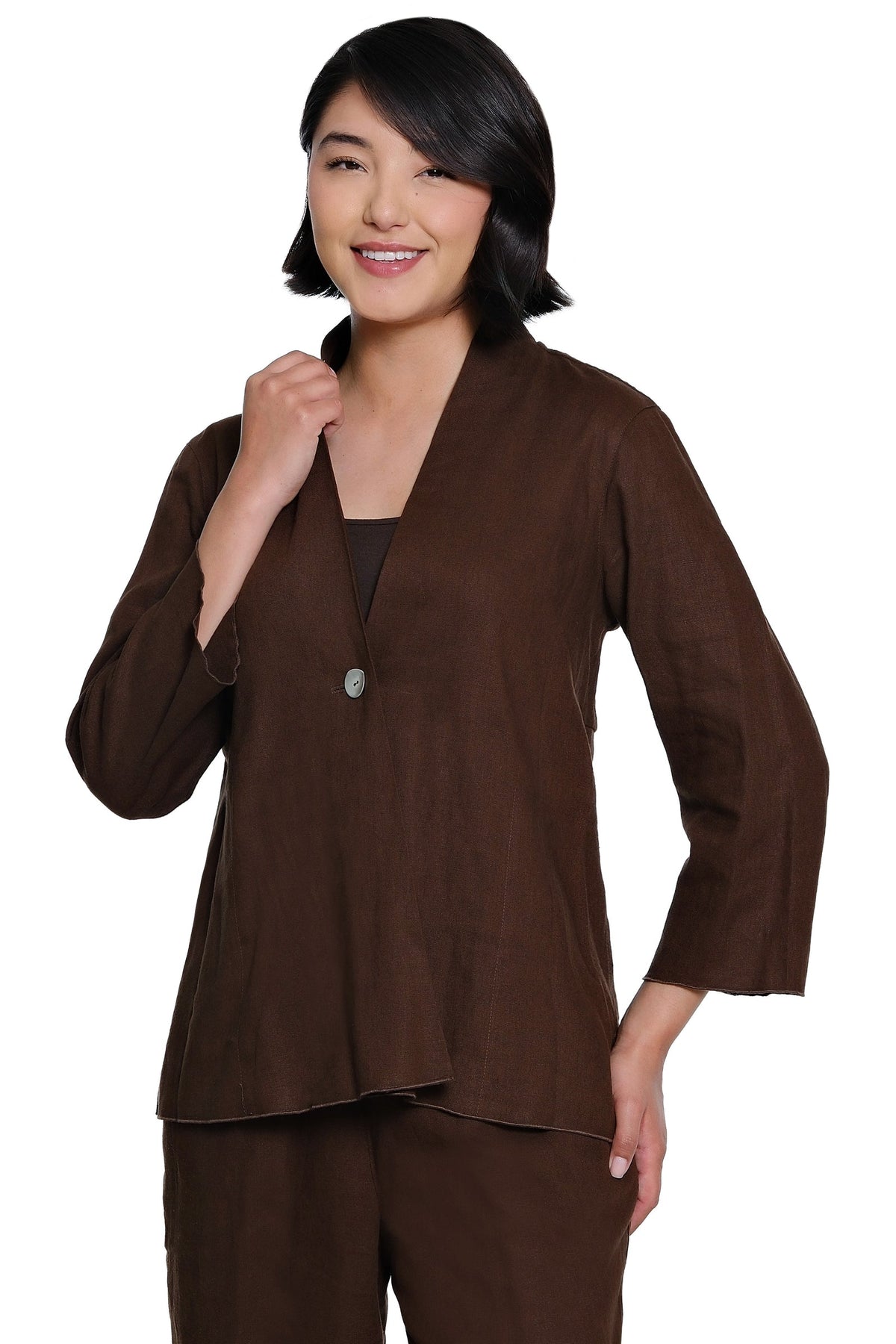LINEN BUTTON FRONT JACKET - CHOCOLATE