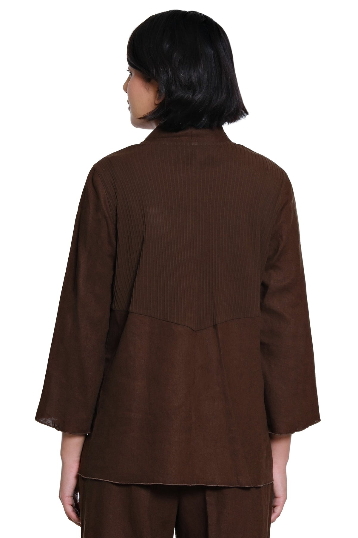 LINEN BUTTON FRONT JACKET - CHOCOLATE