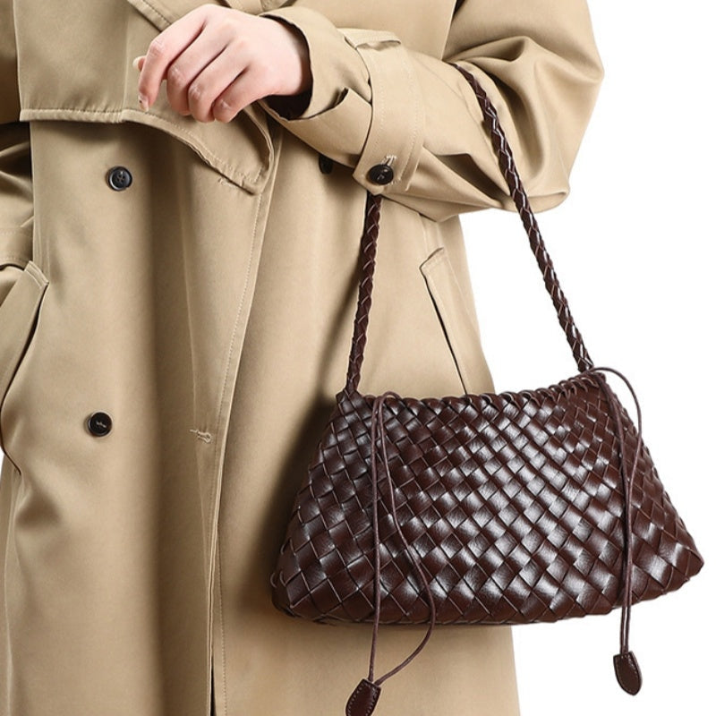Brown Artisanal Weave Leather Shoulder Handbag in Pu Leather