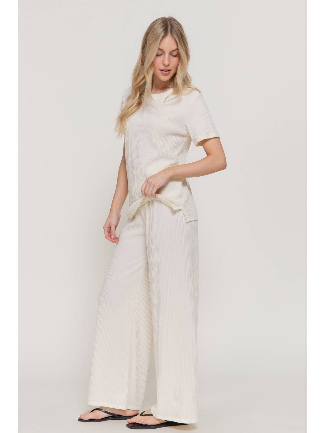 Ivory Short Sleeve Top & Wide Knit Pants Set