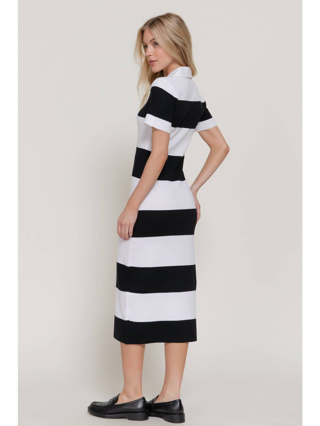 White and Black Stripe Short Sleeve Wide Stripe Knit Polo Dress