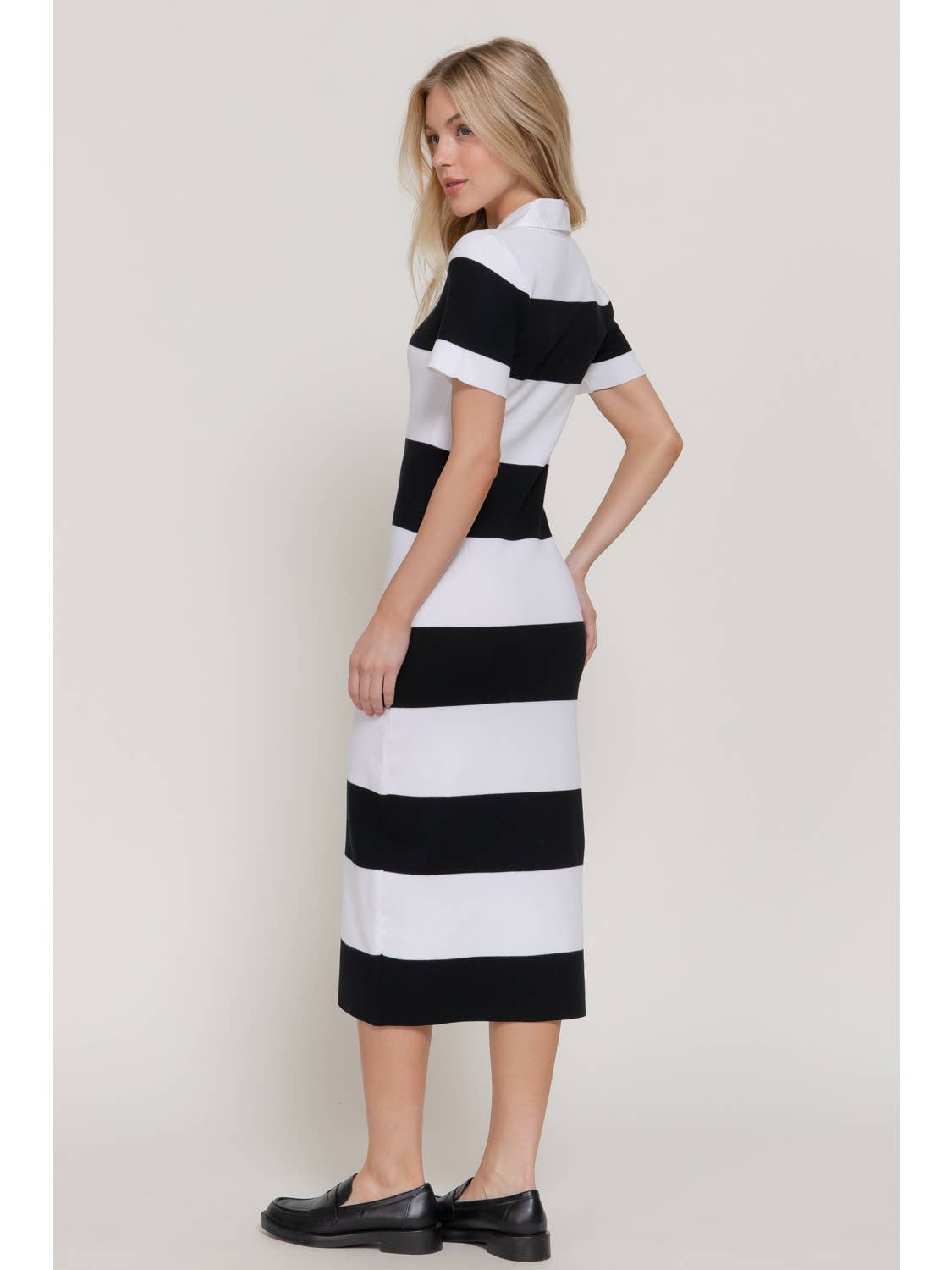 White and Black Stripe Short Sleeve Wide Stripe Knit Polo Dress