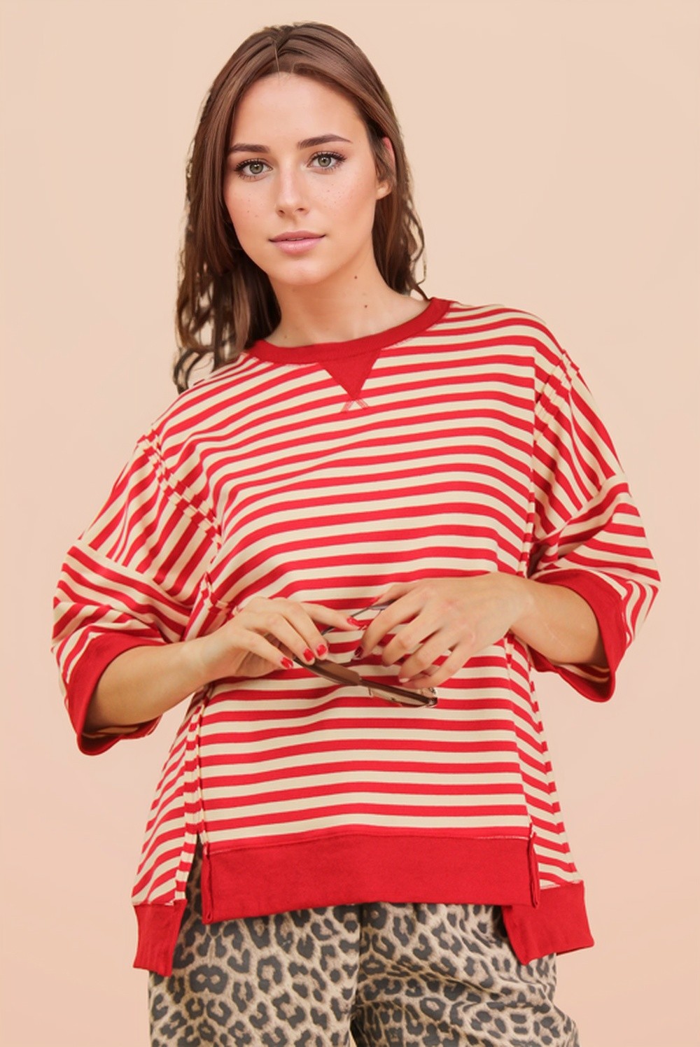Red & White Stripe Oversized Stripe Casual Knit Top