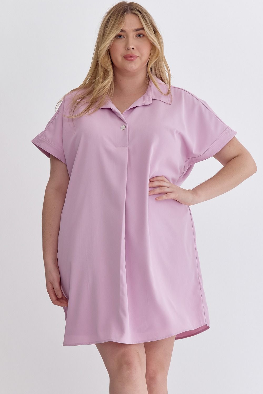 Lilac Collared short sleeve mini dress featuring button detail at front