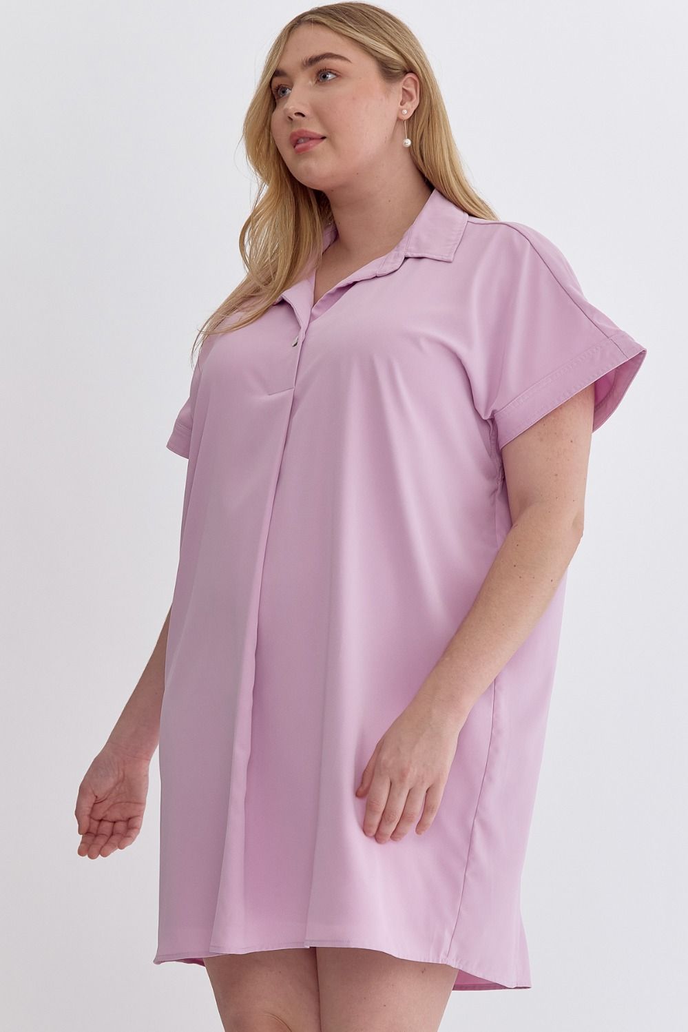 Lilac Collared short sleeve mini dress featuring button detail at front
