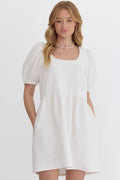 White Solid textured short sleeve square neck mini dress featuring pockets
