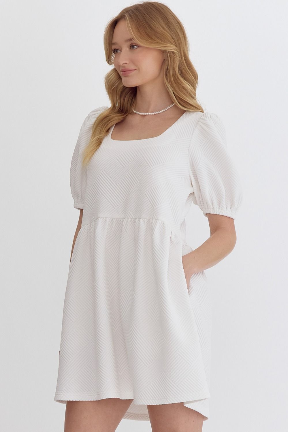 White Solid textured short sleeve square neck mini dress featuring pockets