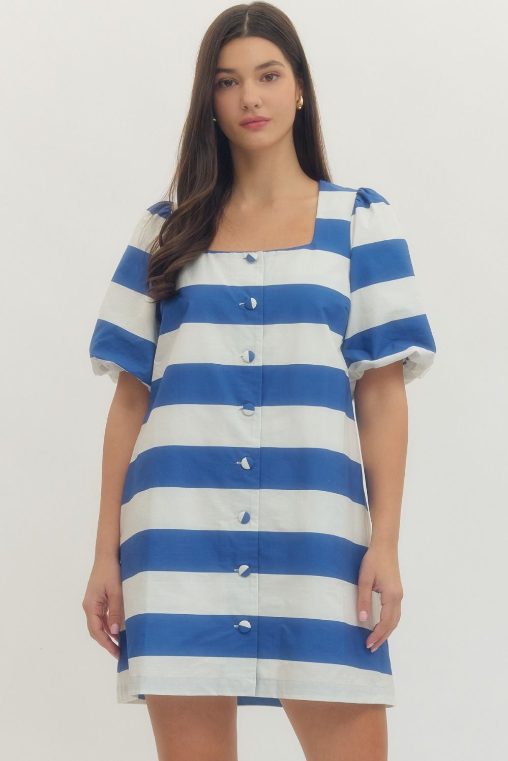 Blue and White Bold stripe short puff sleeve mini dress