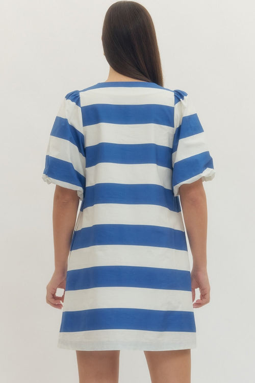 Blue and White Bold stripe short puff sleeve mini dress
