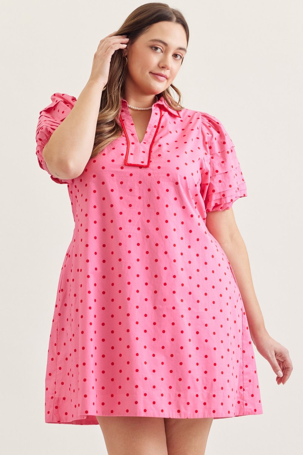 Pink and Red Polka dot short puff sleeve mini dress