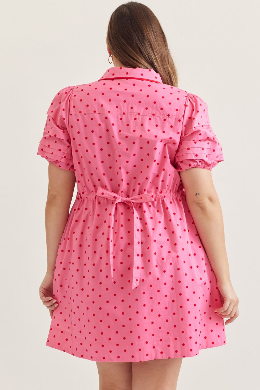 Pink and Red Polka dot short puff sleeve mini dress