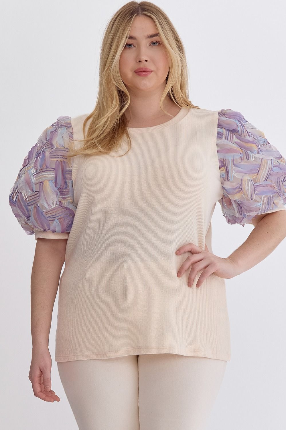 Ribbed knit short sleeve top with pastel puff sleeves