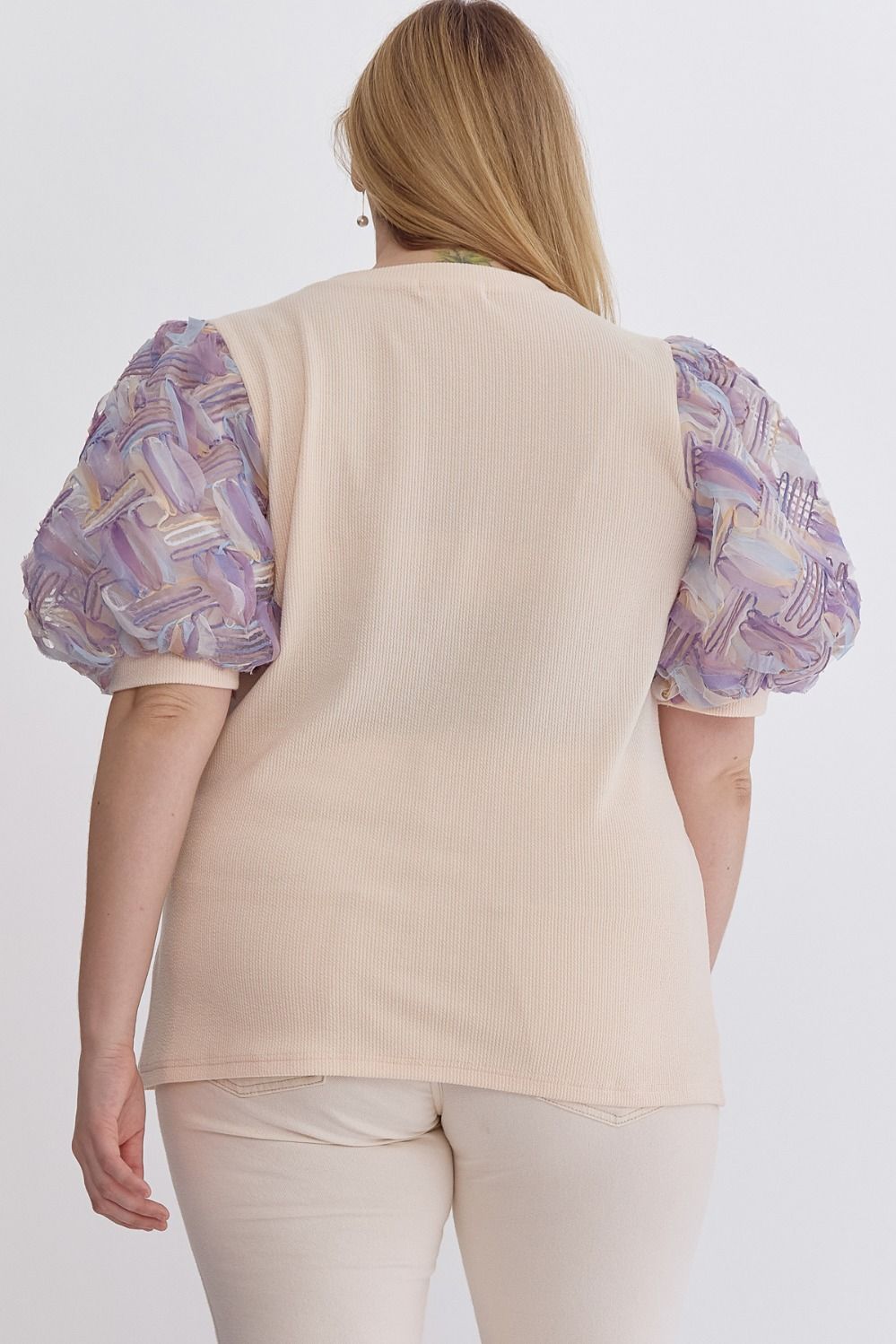 Ribbed knit short sleeve top with pastel puff sleeves