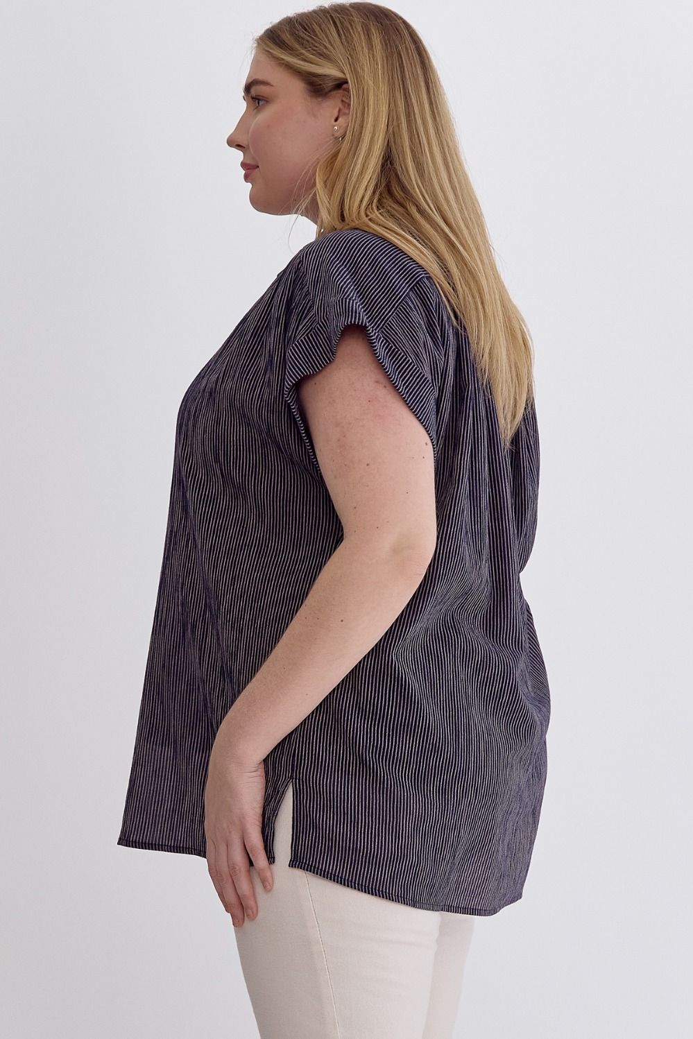 Dark Denim Stripe button up short sleeve top