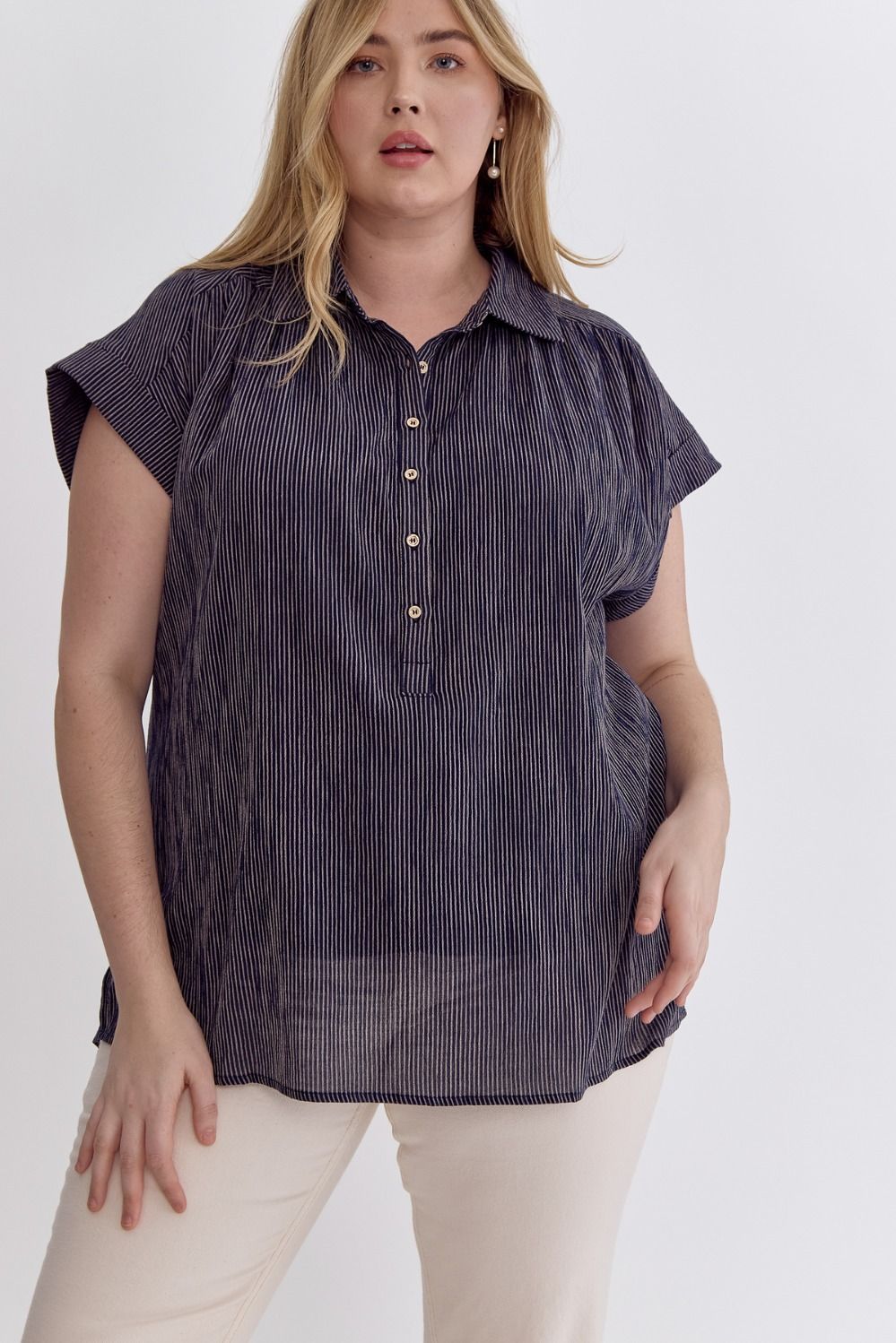 Dark Denim Stripe button up short sleeve top