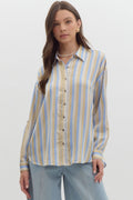 Chambray Stripe colorblock collared long sleeve top