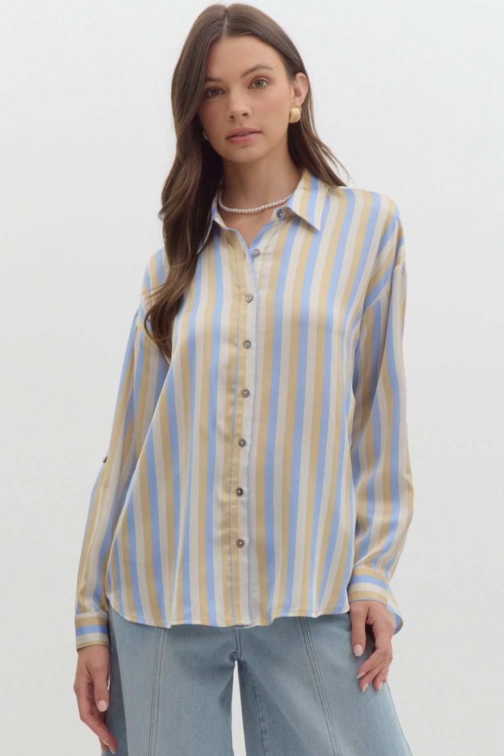 Chambray Stripe colorblock collared long sleeve top