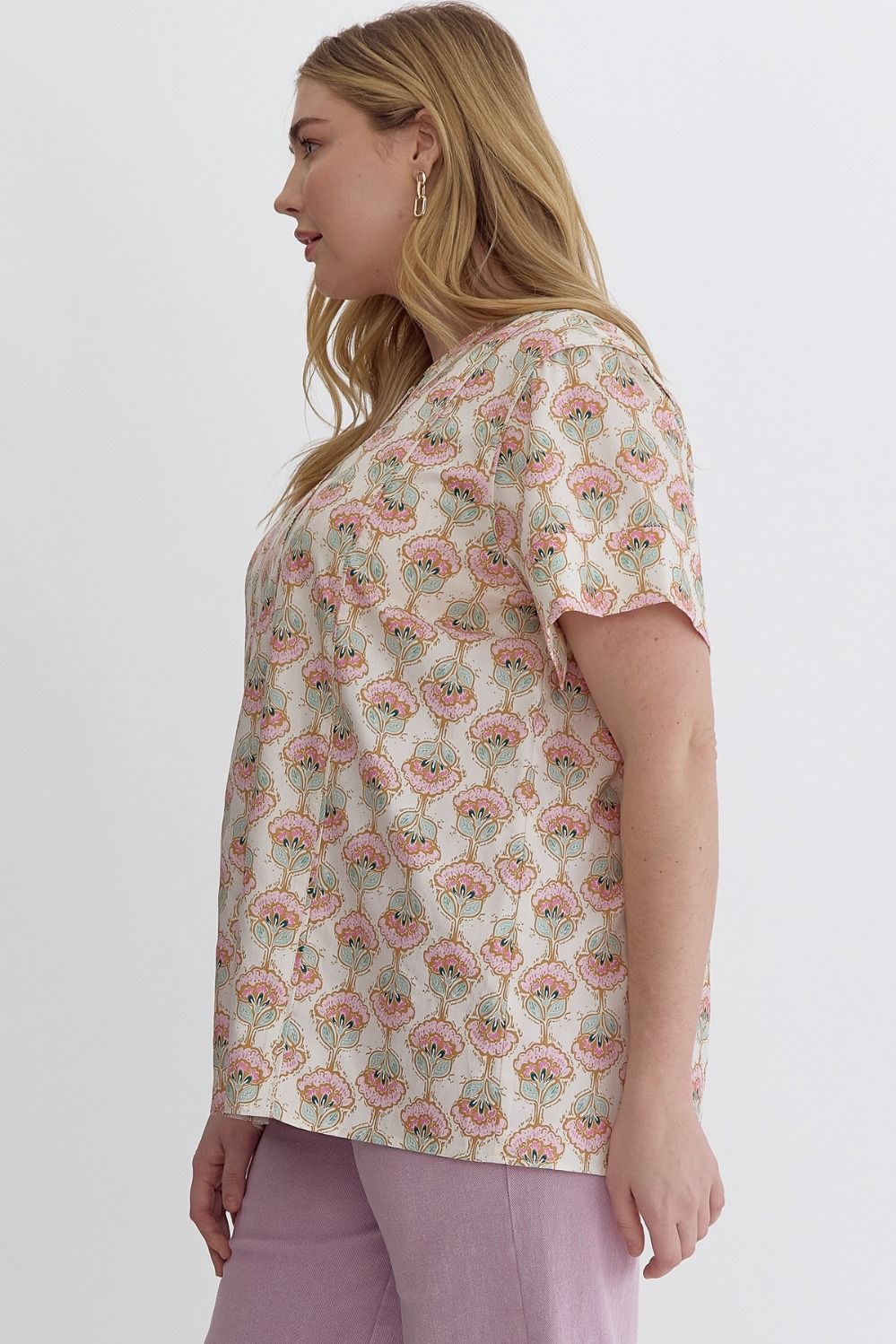 Cream Printed v-neck short sleeve top